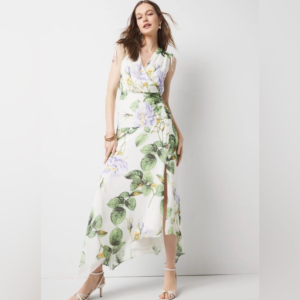 NWT WHBM Ruched Floral V-Neck Sleeveless Midi Dress Size 8